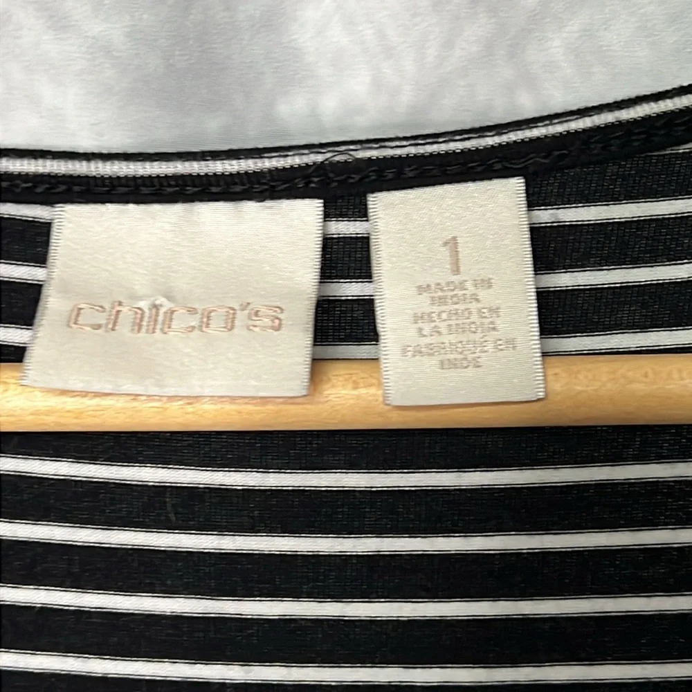 Chico’s Black & White Striped 3/4 Sleeve Blouse with Floral Embellishments